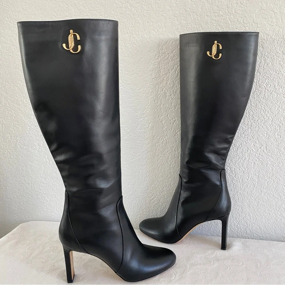Jimmy choo black leather logo Knee high boots